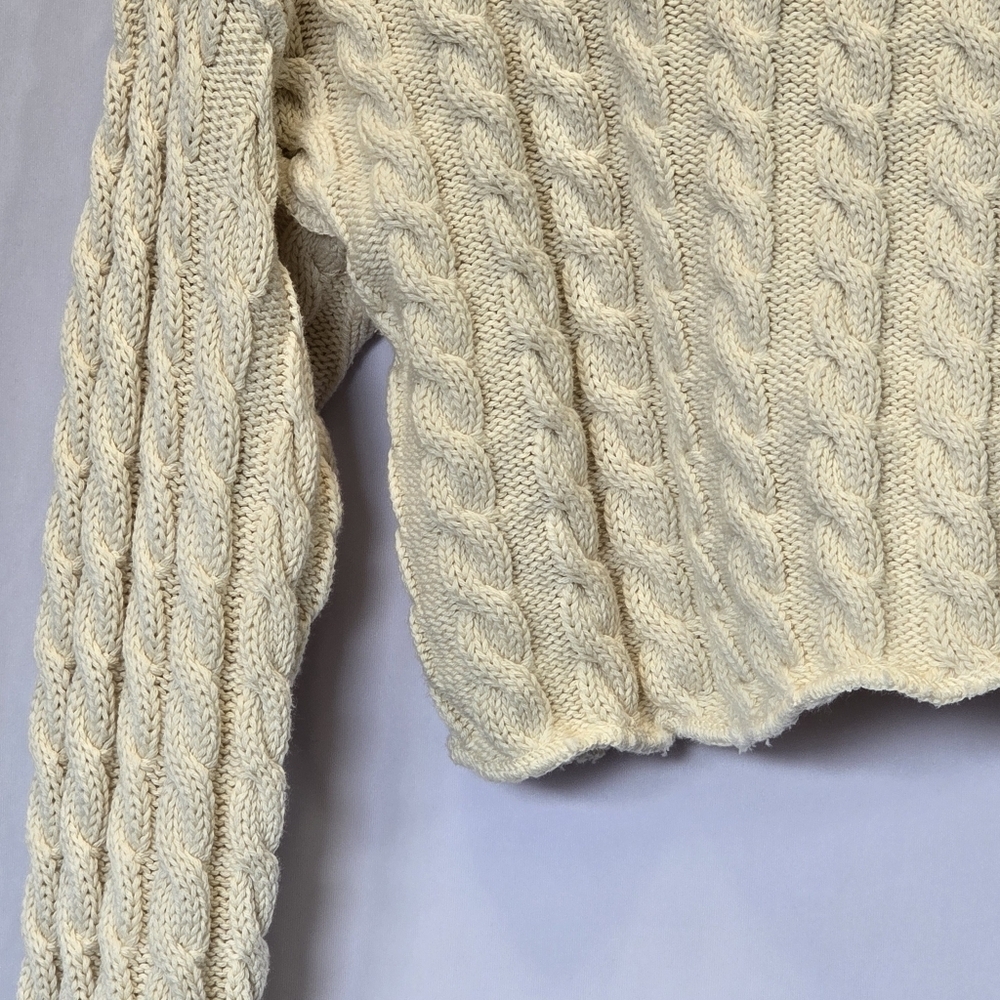 Free People Super Cropped Cable Knit Crew Neck Sweater Long Sleeve Cream, sz S - Picture 3 of 8